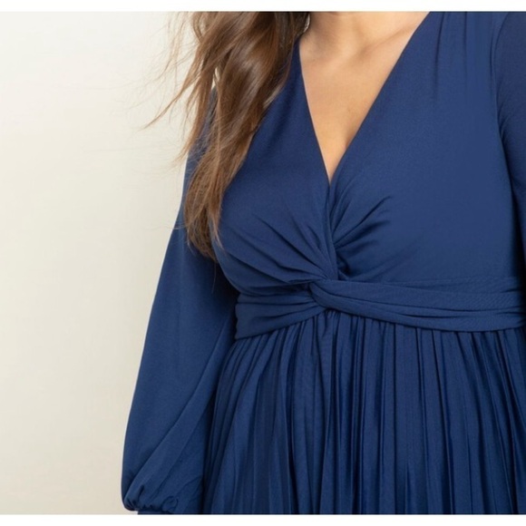 NWT ELOQUI Blue Slimming Midi Knot Front Pleated Skirt Long Sleeve Dress Size 24 - Picture 6 of 14